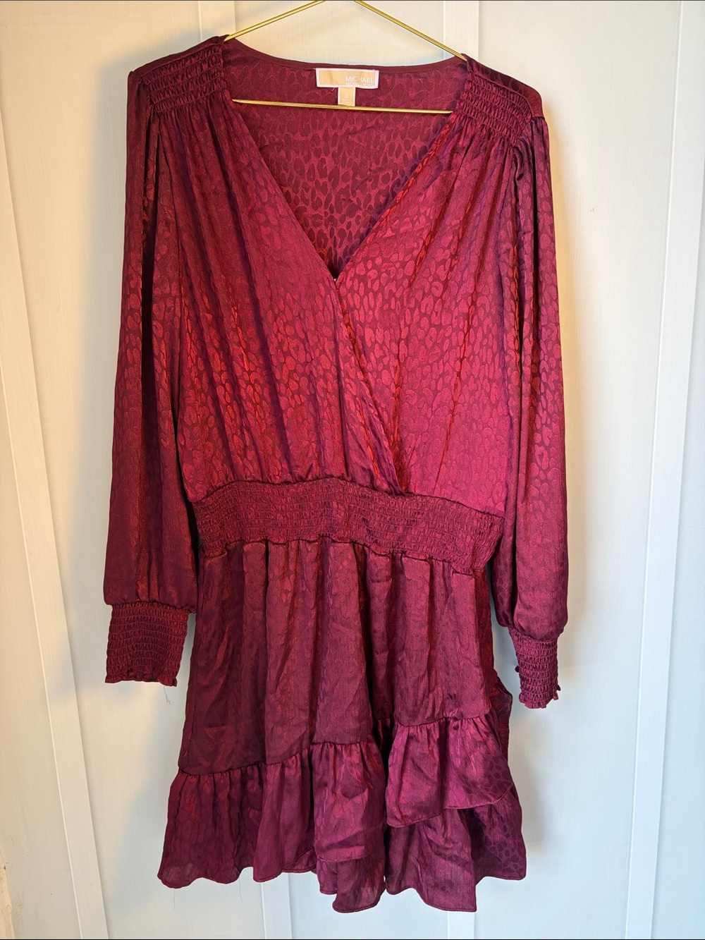 Michael Kors Deep Wine V-Neck Long Sleeve Tiered Dress